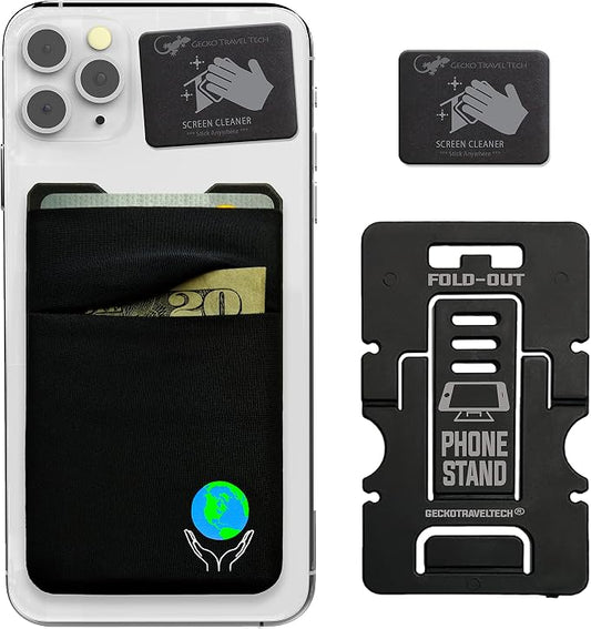 Gecko Travel Tech Double Pocket - Adhesive Card Holder - Cell Phone Pouch - Stick on Spandex Pocket - Carry Credit Cards and Cash (Earth Black) by GeckoTravelTech