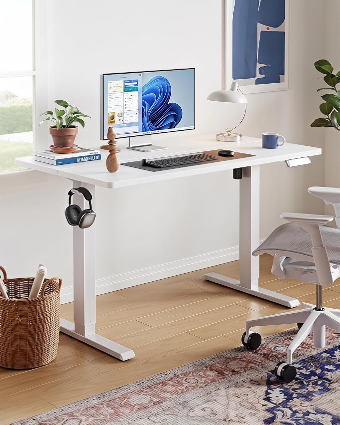 HUANUO Electric Standing Desk,53" x 28" Height Adjustable Desk, 4 Memory Height Settings, Sit to Stand Up Desk for Home Office, with Headphone Hook, Cable Manager, White - Image 2