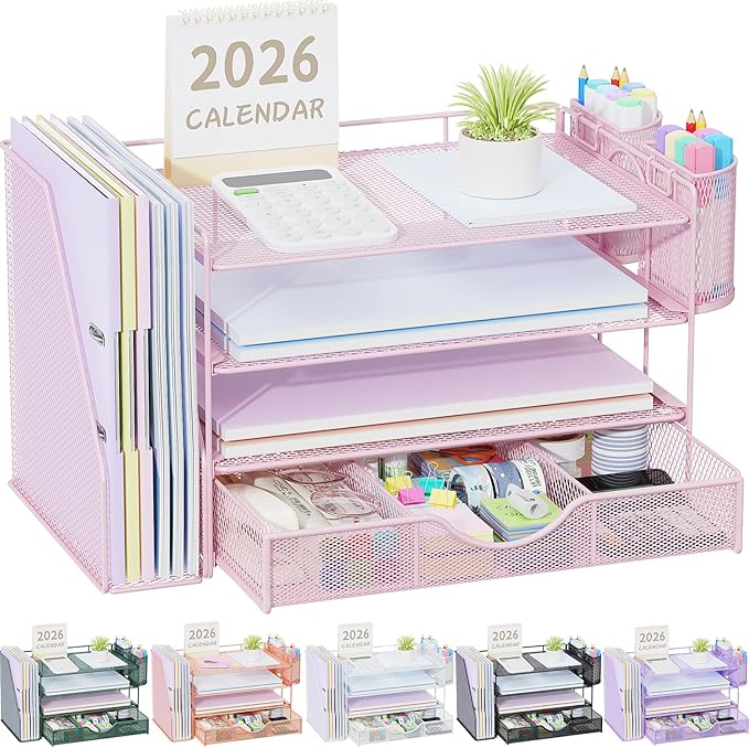 gianotter Desk Organizers and Accessories with File Holder, 4-Tier Desk Accessories & Workspace Organizers with Drawer and 2 Pen Holder, Paper Organizer for Office Supplies (Pink) by gianotter