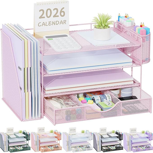 gianotter Desk Organizers and Accessories with File Holder, 4-Tier Desk Accessories & Workspace Organizers with Drawer and 2 Pen Holder, Paper Organizer for Office Supplies (Pink) by gianotter