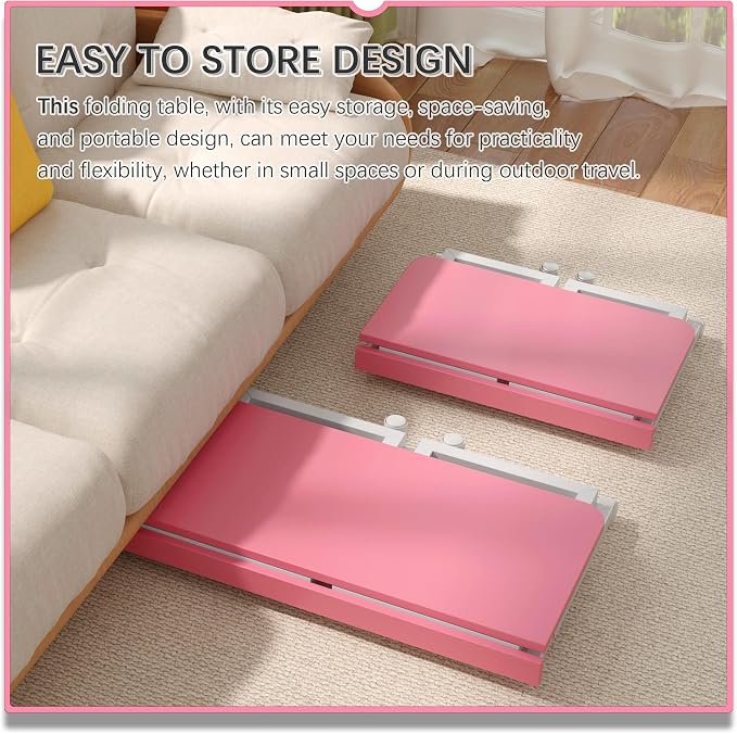 4NM No Tool Assembly 23.6" Small Desk, Folding Portable Desk with Wheels, Adjustable Height Foldable Computer Home Office Desks, Collapsible Study Writing Table for Space Saving Bedroom - Pink White - Image 4