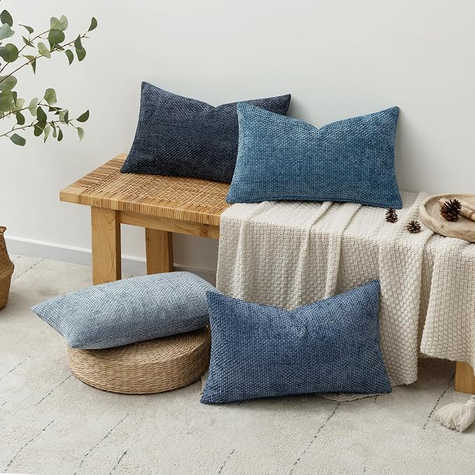MIULEE Pack of 4 Couch Throw Pillow Covers 12x20 Inch Neutral Blue Soft Decorative Chenille Pillow Covers Farmhouse Accent Cushion Covers for Boho Western Spring Coastal Decor Sofa Bed Living Room - Image 4