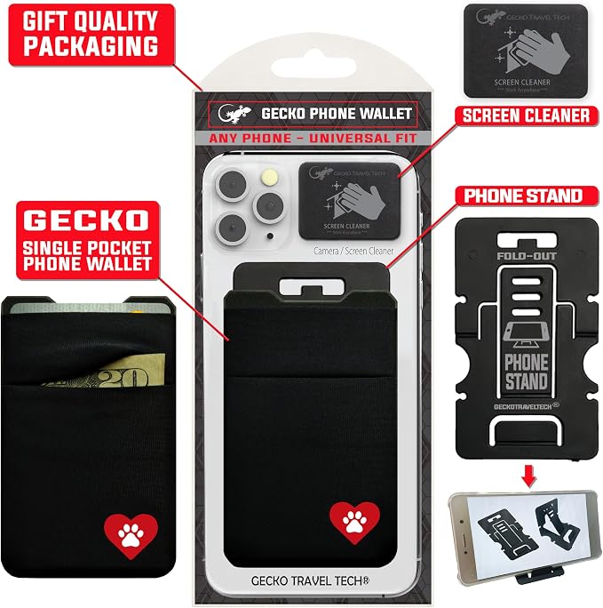 Gecko Travel Tech Double Pocket - Adhesive Card Holder - Cell Phone Pouch - Stick on Spandex Pocket - Carry Credit Cards and Cash - DOG HEART - Image 8