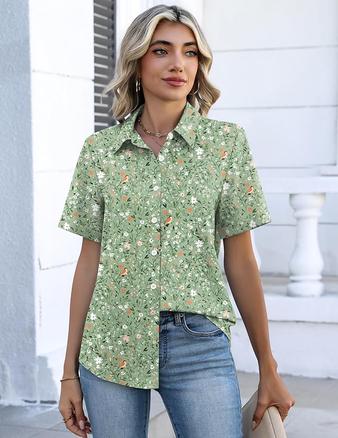 Zeagoo Button Down Shirts for Women Short Sleeve Collared Tops Dressy Casual V Neck Blouses - Image 4