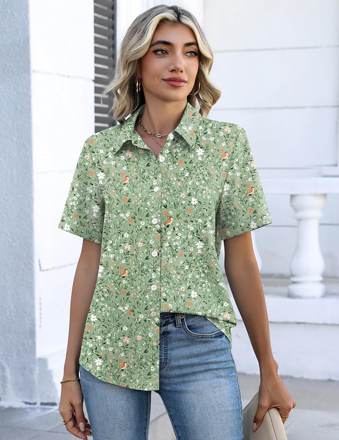 Zeagoo Button Down Shirts for Women Short Sleeve Collared Tops Dressy Casual V Neck Blouses - Image 4
