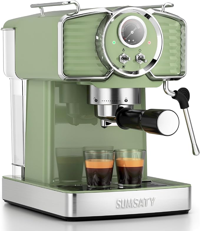 SUMSATY 20 Bar Espresso Machine Retro with Powerful Milk Frother, Green | Visual Pressure Gauge Espresso Coffee Machine 1350W Fast Heating Home Barista for Cappucino Latte Maker, 61oz Water Tank by SUMSATY