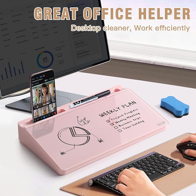 SELEAD Desktop Glass Whiteboard with Storage, Small Dry Erase White Board Computer Pad Keyboard Stand for Home, School, Office Desk Accessories - Pink - Image 2