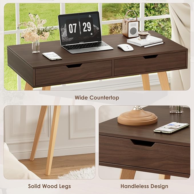 FOTOSOK White Computer Writing Desk with 2 Drawers, Small Desk Makeup Vanity Table Wood Desk with 4 Oak Legs, Modern Home Office Desk Console Study Table, Walnut - Image 6