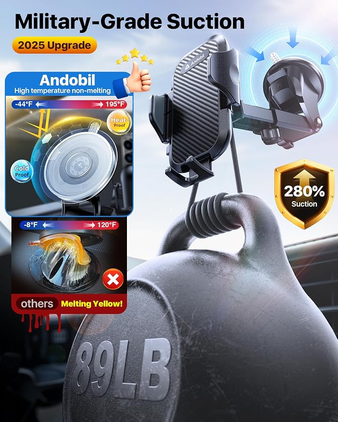 andobil Car Phone Holder, 2026 Military-Grade 89lbs Strongest Suction Phone Holders for Your Car Dashboard/Windshield/Vent Easy Clamp Car Phone Mount Stand for iPhone 17 16 15 14 13 Pro Max Samsung - Image 3