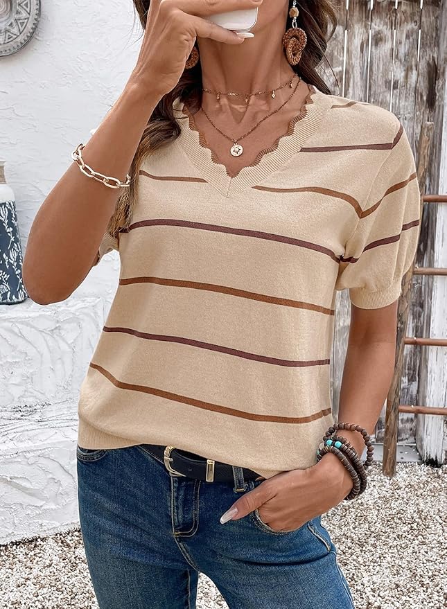 Dokotoo Womens Summer Short Sleeve Knit Tops 2026 Spring Trendy Casual V Neck Striped Sweater Blouses - Image 2