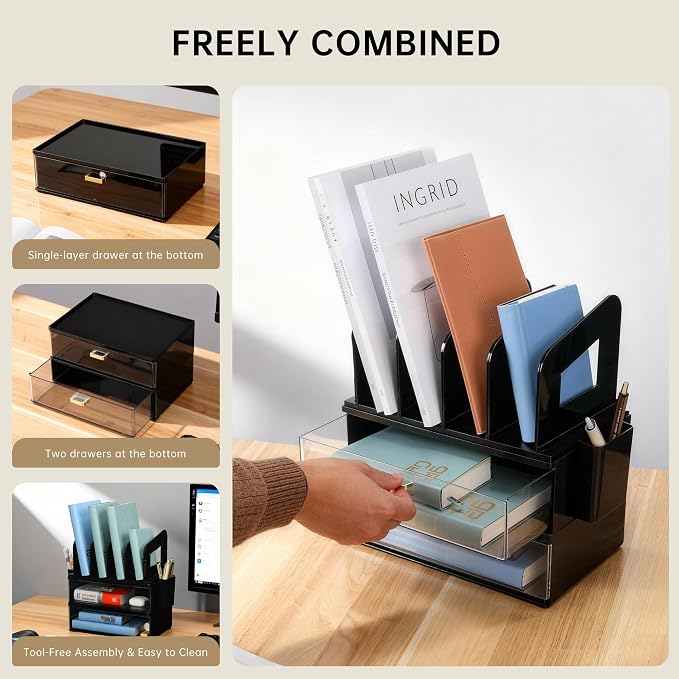 CiWiVOKi Desk Organizer with 4 File Slots and 2 Drawers, Black | File organizer with dual pen holders and storage compartments for mail, documents and office supplies - Image 8