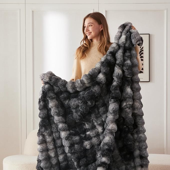 COOVA Faux Fur Throw Blanket for Couch, Cozy Soft and Fuzzy Plush Rabbit Fur Bubble Blanket for Sofa Bedroom Living Room, 60x80 Inches Tie Dye Black - Image 4