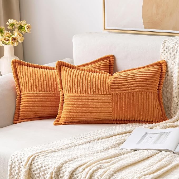MIULEE Fall Burnt Orange Decorative Lumbar Throw Pillow Covers for Couch Bed Livingroom 12x20 Inch Set of 2 Boho Accent Throw Pllows Broadside Striped Patchwork Soft Corduroy Pillowcases by MIULEE