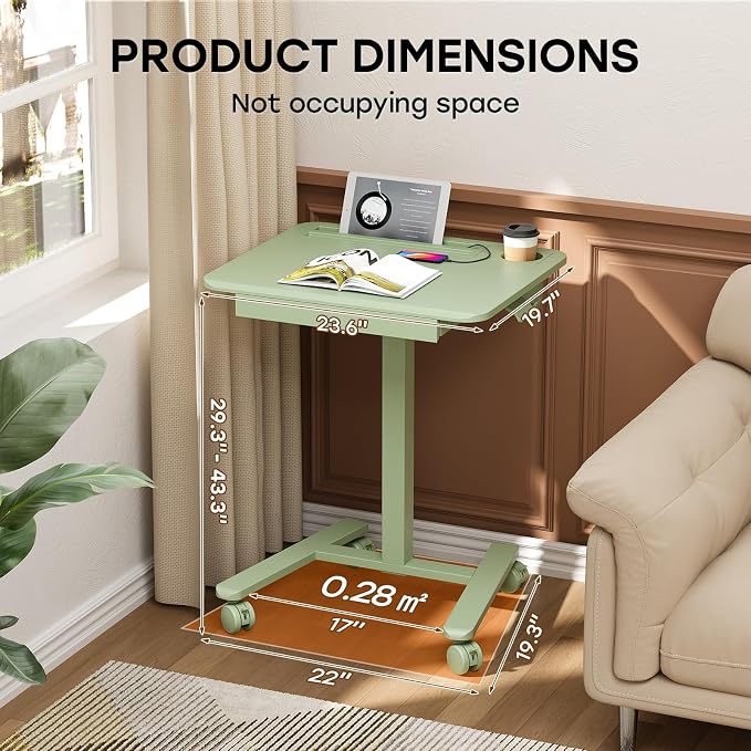 Small Mobile Standing Desk with Drawer, 23.6" x 19.7" Top | Height Adjustable Portable Laptop Desk with Wheels & Cup Holder, Sit Stand Computer Workstation for Compact Space, Sage Green - Image 2