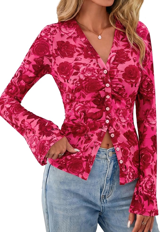 BTFBM Button Down Shirts for Women 2026 Fall Boho Tops V Neck Long Sleeve Blouses Ruched Mesh Fitted Fashion Clothing - Image 5
