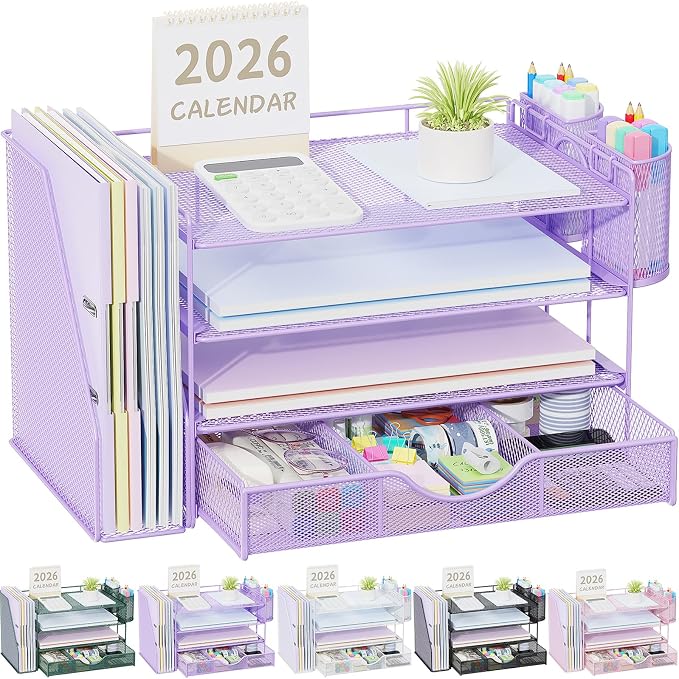 gianotter Desk Organizers and Accessories with File Holder, 4-Tier Desk Accessories & Workspace Organizers with Drawer and 2 Pen Holder, Paper Organizer for Office Supplies (Purple) by gianotter