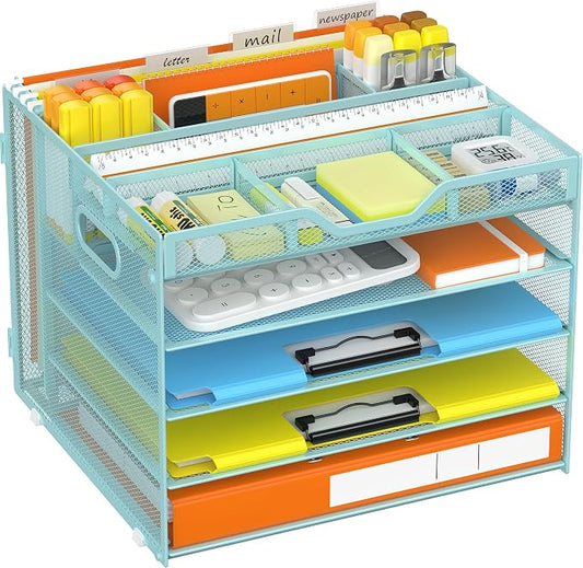 Docnest 5 Tier Desk Organizer with Hanging File Folder Holder&Tray, Blue | Features 3 detachable pen holders and 4 removable dividers.Versatile mesh desktop storage for mail, document,office supplie by DocNest