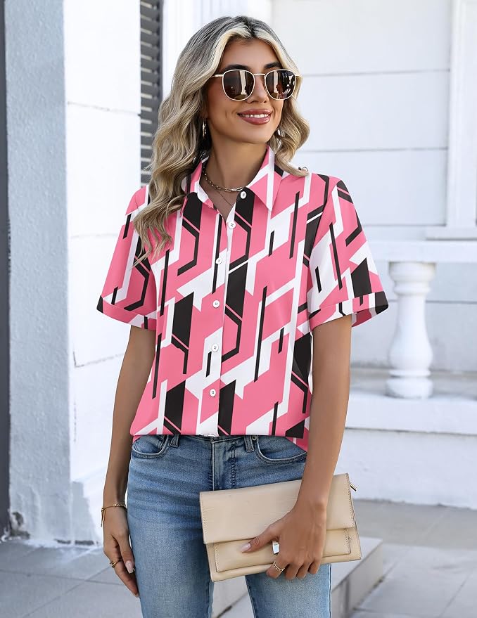 Zeagoo Button Down Shirts for Women Short Sleeve Collared Tops Dressy Casual V Neck Blouses - Image 2