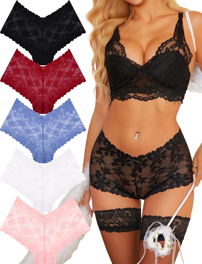 Take Talk Sexy Lace Underwear Panties Lingerie Gift for Women Wife 5 Pack Soft Cheeky Boy shorts Plus Size Underwear Women - Image 4