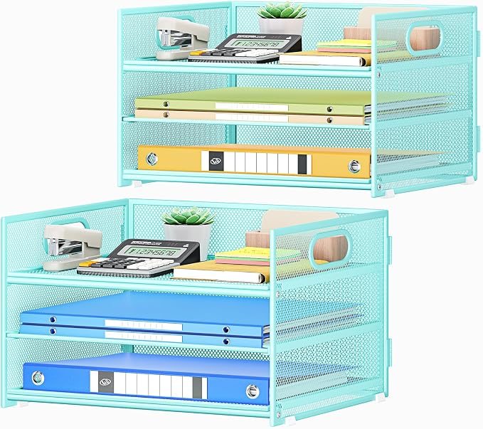 Subekyu 2-Pack 3-Tier Blue Metal Mesh Desk Paper Letter Tray & File Sorter Organizer with Handle + 1 Sliding Tray for Desk, Home, Office, School Supplies, A4 Paper and Accessories Storage by SUBEKYU