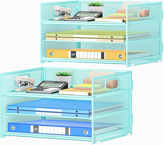 Subekyu 2-Pack 3-Tier Blue Metal Mesh Desk Paper Letter Tray & File Sorter Organizer with Handle + 1 Sliding Tray for Desk, Home, Office, School Supplies, A4 Paper and Accessories Storage by SUBEKYU