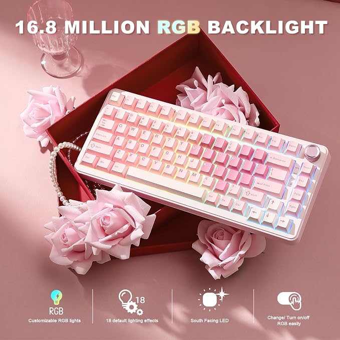 YUNZII B75 PRO 75% Wireless Mechanical Keyboard (Pink, Cocoa Cream V2) | Hot Swap Keyboard with Knob, Gasket Mount, Creamy Pre-lubed Switch for Smooth Typing, BT/USB-C/2.4G, for Gaming - Image 6