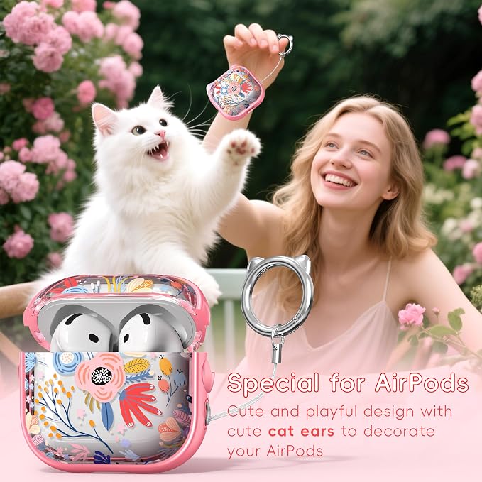for AirPods 4 Case with Cleaning Kit, Cute Cat Ear Print Design & Cute Buckle, Inverted Phone Holder Design, Top Safe Lock Buckle Design, for Girls AirPods 4 case 2024,Clear Flowers - Image 3