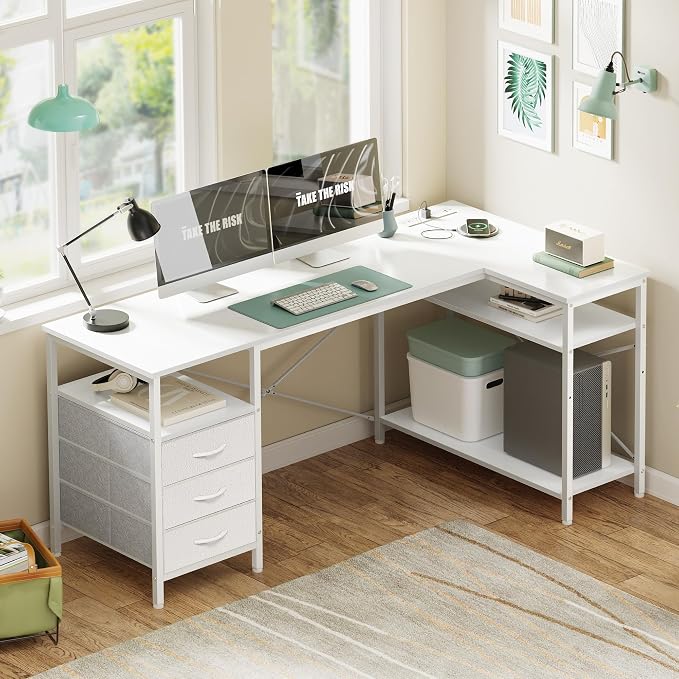 Huuger L Shaped Office Desk with Power Outlets, 55 Inch Computer Desk with 3 Drawers, Shelves, Reverisble for Gaming Corner Work Home Office Study, White - Image 2