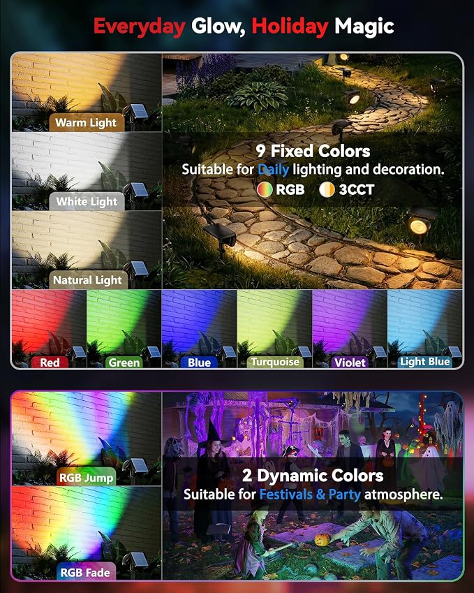 Focusing Solar Spot Lights Outdoor Waterproof, RGB+3CCT Tree Uplights 6Pack | Multicolor Focused Lens Spotlight, Dusk-to-dawn Light, Stake or Wall Mounting for Yard Landscape Garden Path Halloween Decor - Image 4