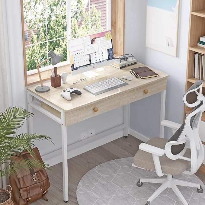 Weehom Computer Desk with Drawers, Home Office Workstation, Beige | Sturdy and spacious workstation for writing, studying and gaming, Suitable for PC and laptop use - Image 5