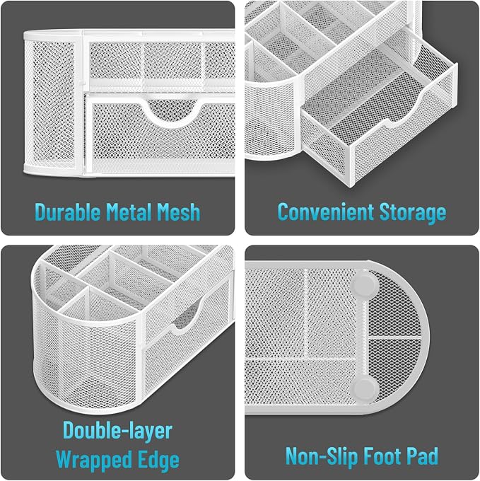 Mesh Desk Organizer with Drawer, 9-Compartment Pen Holder for Desk, White | Pull-Out Drawer Stores Pens, Pencils, Clips, Notes, and Small Office or School Supplies in One Compact Desk Caddy - Image 4