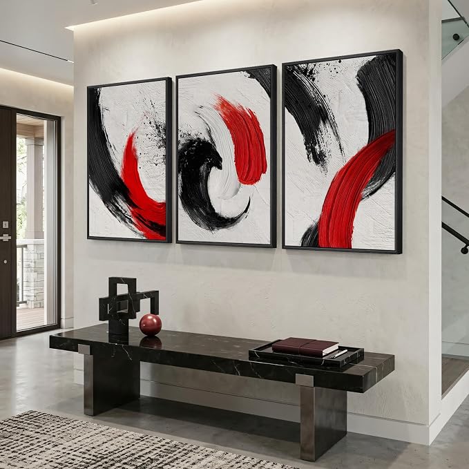 Large Framed Red Black White Abstract Wall Art for Living Room, 3 Piece Modern Canvas Prints Paintings Artwork for Walls, Red Black Minimalist Pictures for Bedroom Hallway Office Wall Decor 24x36 In - Image 2