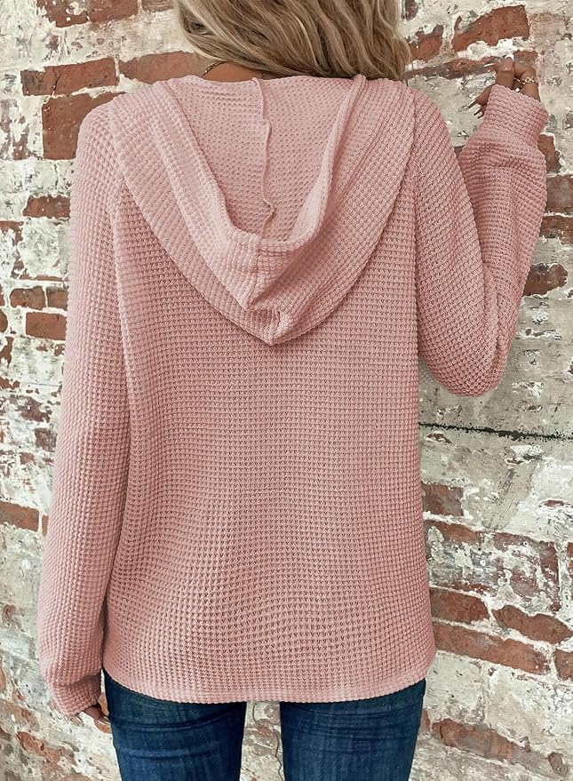 Dokotoo Hoodies for Women Waffle Knit Long Sleeve Drawstring Button V Neck Casual Sweatshirt Hooded Tops Fashion Clothing - Image 2