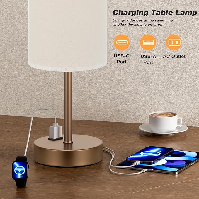Fenmzee Touch Table Lamp - Beige, 3-Way Dimmable, USB A + C Charging, AC Outlet, 17.4inch Medium, Brown Metal Base - Image 4
