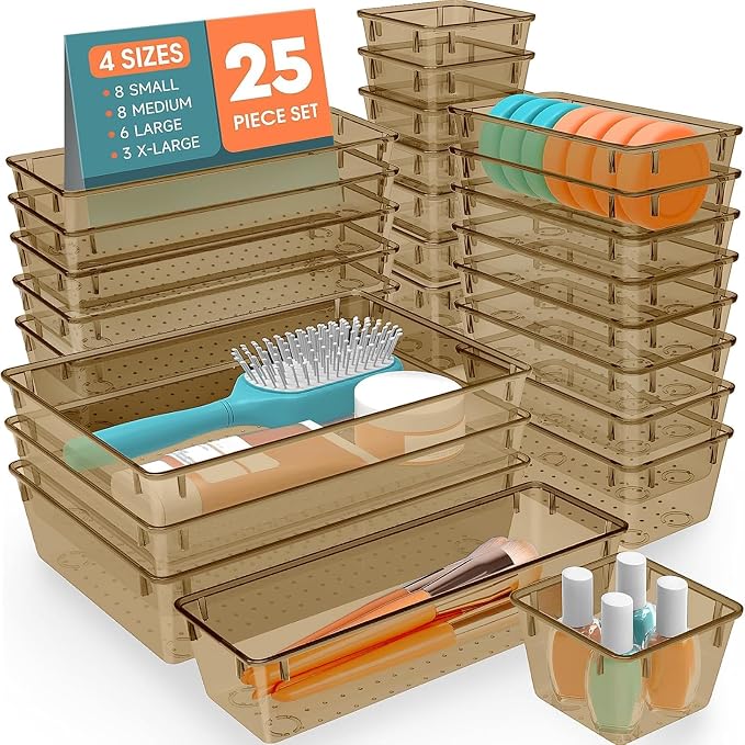 SpaceHacks 25 PCS Plastic Drawer Organizer Set, 4-Size Versatile Organizer Trays & storage Bins for Makeup, Jewelry, and Gadgets in Bathroom, Bedroom and Office,Champagne by SpaceHacks