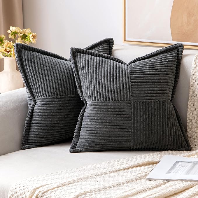 MIULEE Decorative Throw Pillow Covers for Couch Bed Livingroom 18x18 Inch Set of 2 Dark Grey Boho Accent Throw Pllows Broadside Striped Patchwork Soft Corduroy Pillowcases by MIULEE