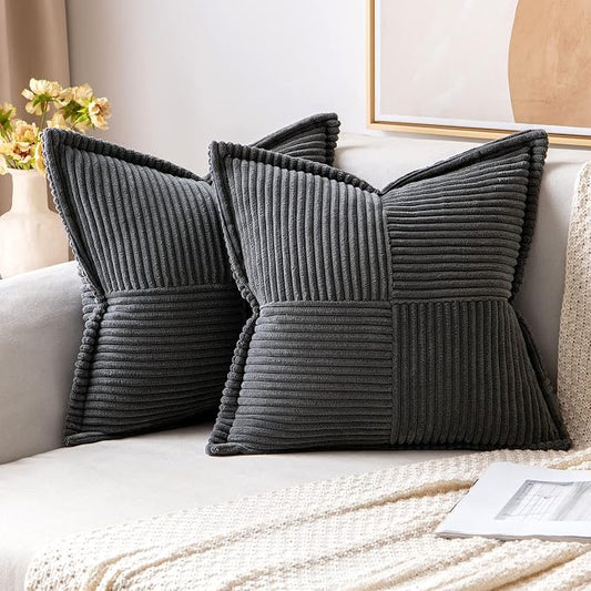 MIULEE Decorative Throw Pillow Covers for Couch Bed Livingroom 18x18 Inch Set of 2 Dark Grey Boho Accent Throw Pllows Broadside Striped Patchwork Soft Corduroy Pillowcases by MIULEE