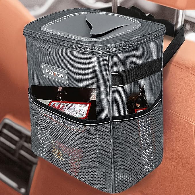 HOTOR Car Trash Can, Multifunctional Car Accessory for Interior Car Stuff Storage with Compact Design, Waterproof Car Organizer and Storage with Adjustable Straps, Magnetic Snaps, 2 Gallons, Gray by HOTOR