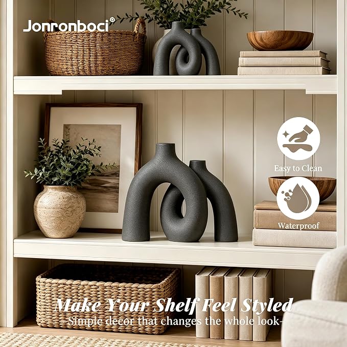 Hug Donut Decorative Vase Set - Dark Gray Modern Minimalism Industrial Style Vases Home Decor, Matte Ceramic Decorations for Living Room Shelf, Bookshelf Mantle Entryway Table or Console Décor(Gray) - Image 3