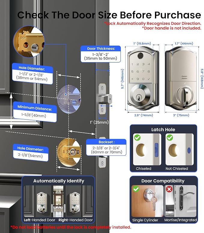 Veise VE017 Fingerprint Smart Door Lock, App Control, 8-in-1 Keyless Entry, Auto Lock, Emergency Power Port, Electronic Touchscreen Keypad, Biometric Smart Locks for Front Door, Satin Nickel - Image 9