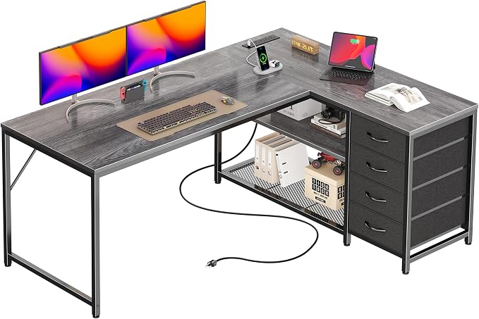 PRAISUN 53" L Shaped Desk with Power Outlets & USB-C Port, Reversible Computer Corner Office Desk with 4 Fabric Drawers and 2 Storage Shelves, Large Desk for Gaming Writing Work Study, Grey by PRAISUN