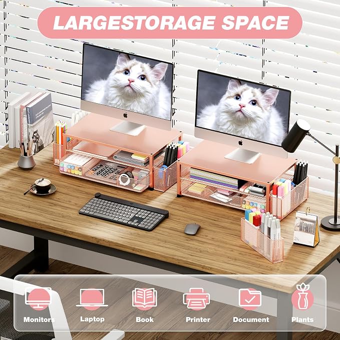 OPNICE Desk Organizers and Accessories, 2-Tier Computer Monitor Stand with Drawer and 2 Pen Holders, Laptop Stand, Office Desk Accessories for Office Supplies, Rose Gold - Image 4