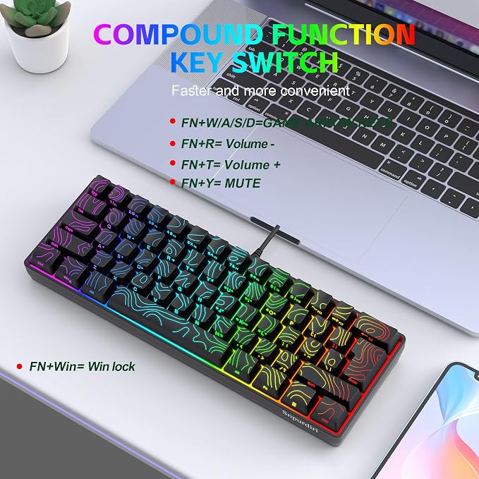 Snpurdiri 60% Wired Gaming Keyboard 61 Keys RGB (Contour Line-Black) | Backlit Small Gaming Keyboard Ultra-Compact for PC/Mac Gamer, Typist, Travel, Easy to Carry on Business Trip - Image 4