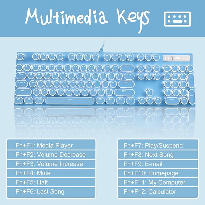 Typewriter Style Mechanical Gaming Keyboard,Retro Punk Gaming Keyboard with White Backlit, 104 Keys Blue Switch Wired Cute Keyboards with Detachable Wrist Rest,Blue Keyboards for Office/PC/Laptop - Image 5