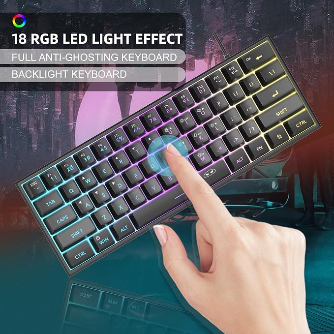 MageGee Mini 60% Gaming Keyboard, RGB Backlit 61 Key Ultra-Compact Keyboard, TS91 Ergonomic Waterproof Mechanical Feeling Office Computer Keyboards for PC, MAC, PS4, Xbox ONE Gamer(Black) - Image 2
