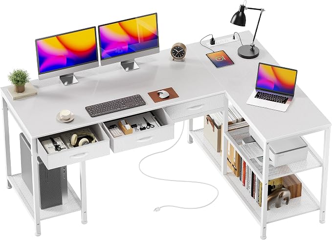 PRAISUN 55 Inch L Shaped Office Desk with Power Outlets and Type-C Port, Large Computer Gaming Desk with 3 Fabric Drawers, Mesh Shelves, Corner Study Work Writing Desk, White by PRAISUN
