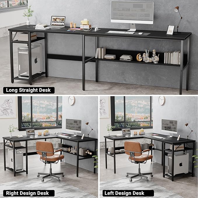 Unikito Reversible L Shaped Desk with Magic Power Outlets and USB Charging Ports, Sturdy Corner Computer Desk with Storage Shelves, Gaming Table Home Office Desk, Easy to Assemble, Black - Image 7