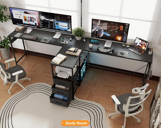 YOSHOOT 2 Person Computer Desk, 87" Long Gaming Desk for 2 People | Double Desk with 3 Fabric Drawers and 2 Power Outlets, Home Office Table for Adults and Teenagers, Black - Image 2