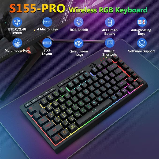 Redragon Wireless Gaming Keyboard and Mouse Combo, 75% Portable, Black | Bluetooth/2.4G/USB-C Wired, RGB Backlit, Quiet Rechargeable Macro Membrane Keyboard & 12800 DPI Mouse for Win/MAC - Image 3