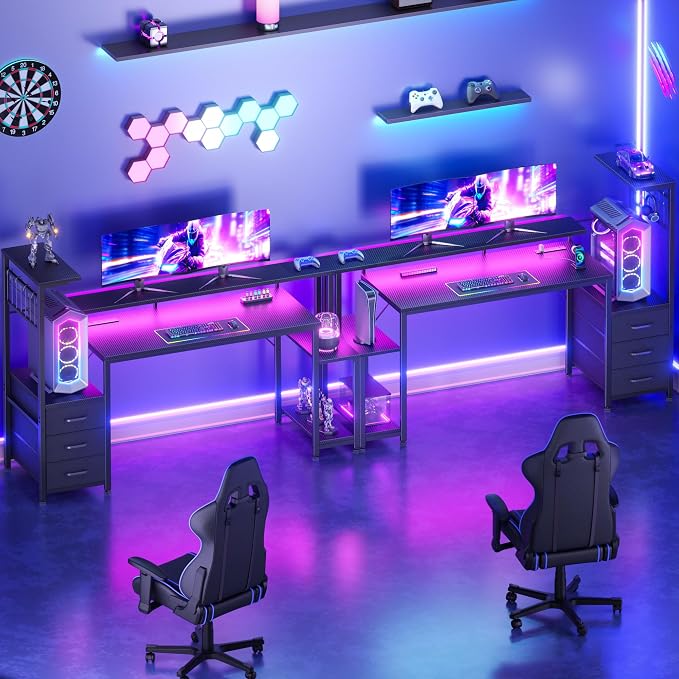 Korfile 55 Inch Gaming Desk with Bluetooth LED Lights & Power Outlets,Computer Desk with Fabric Drawers & Hooks,Reversible Gamer Table with Monitor Stand for Game Room,Home Office,Carbon Fiber Black | Reversible，Computer Desk, Gamer Table, Bluetooth LE... - Image 6